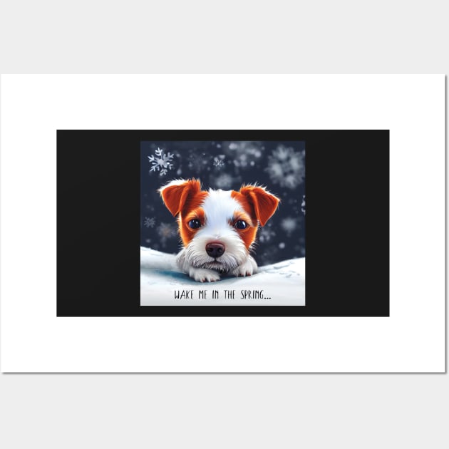 Wake me up in Spring grumpy Jack Russell Terrier Puppy Dog In the Snow Wall Art by Geminiartstudio